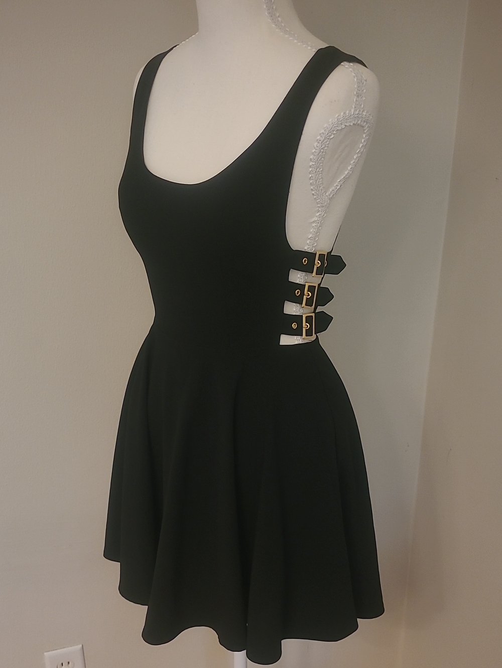 bebe X NAVEN Skater Mini Dress With Gold Side Buckles. Size 0
